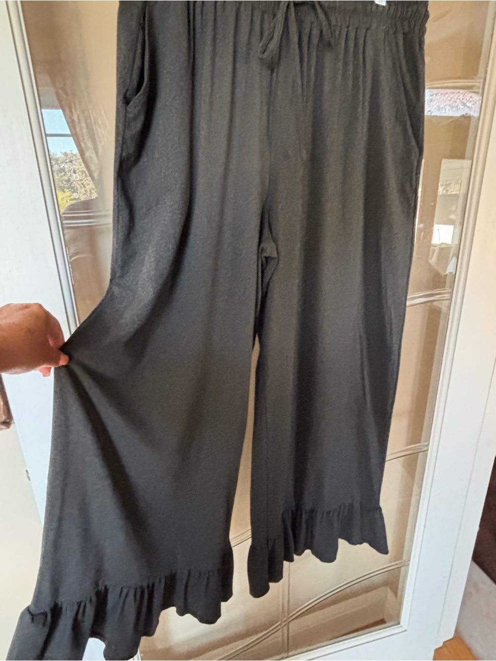 Black Ruffle-Hem Wide Leg Pants -  Women